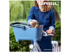 Basil Buddy Hundekurv til små hunde op til 5 kg - Komfortabel og stilfuld -Specialized Salgsbutik basil buddy kf dog bicycle basket front faded deni204
